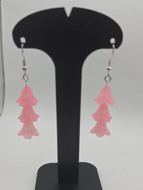 Handmade Pink Flower Dangle Earrings Iridescent Beaded